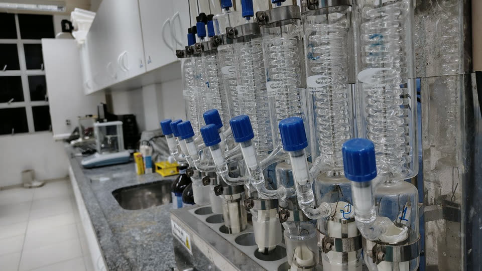 Bank of condensers and glassware in a chemistry lab