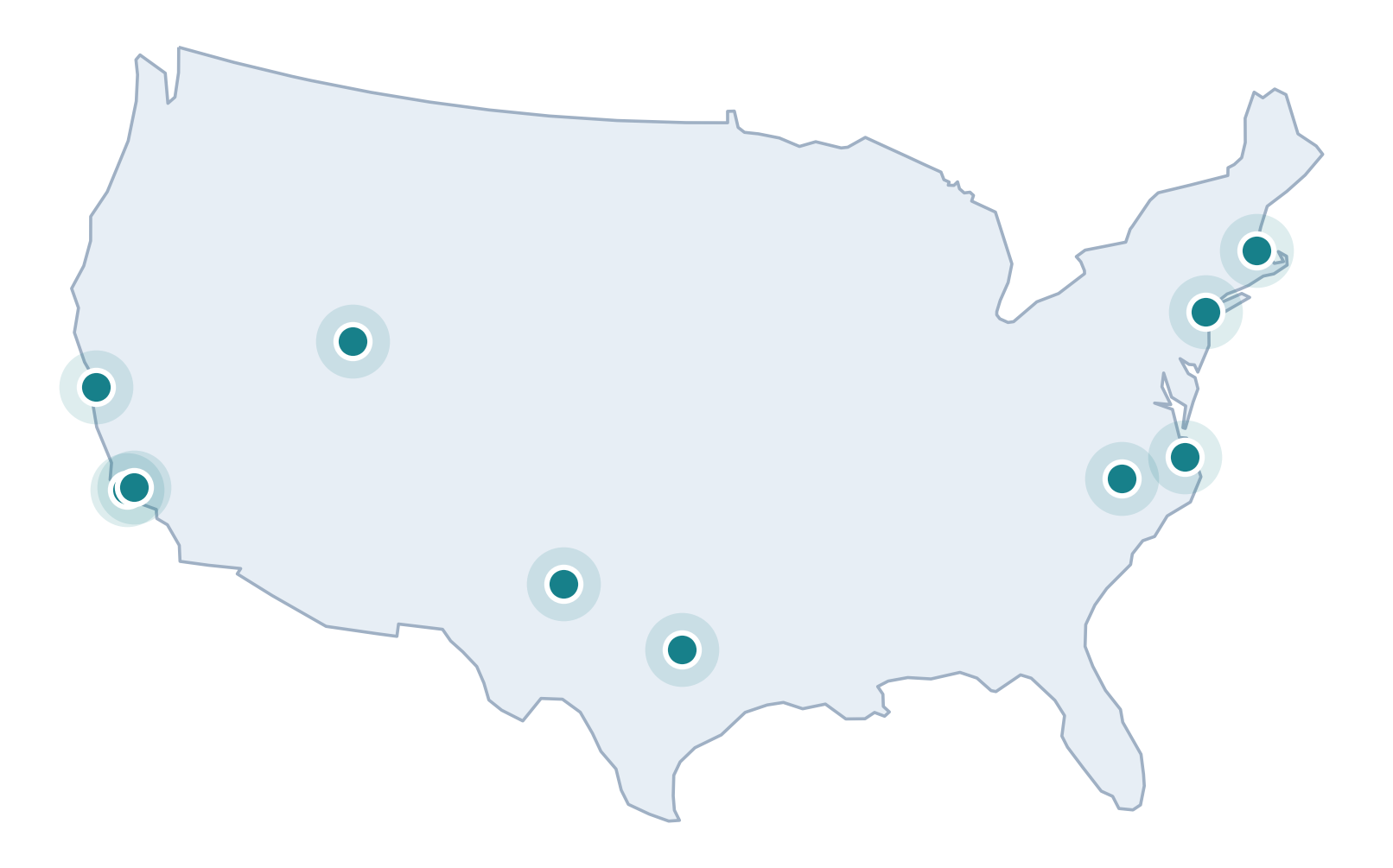 Map of the United States with unlabeled pins marking partner lab locations